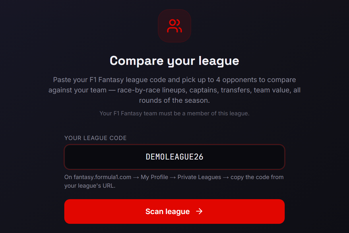 The Compare your league screen with a fictional code typed into the Your league code field, help text on where to find the code, and a red Scan league button.