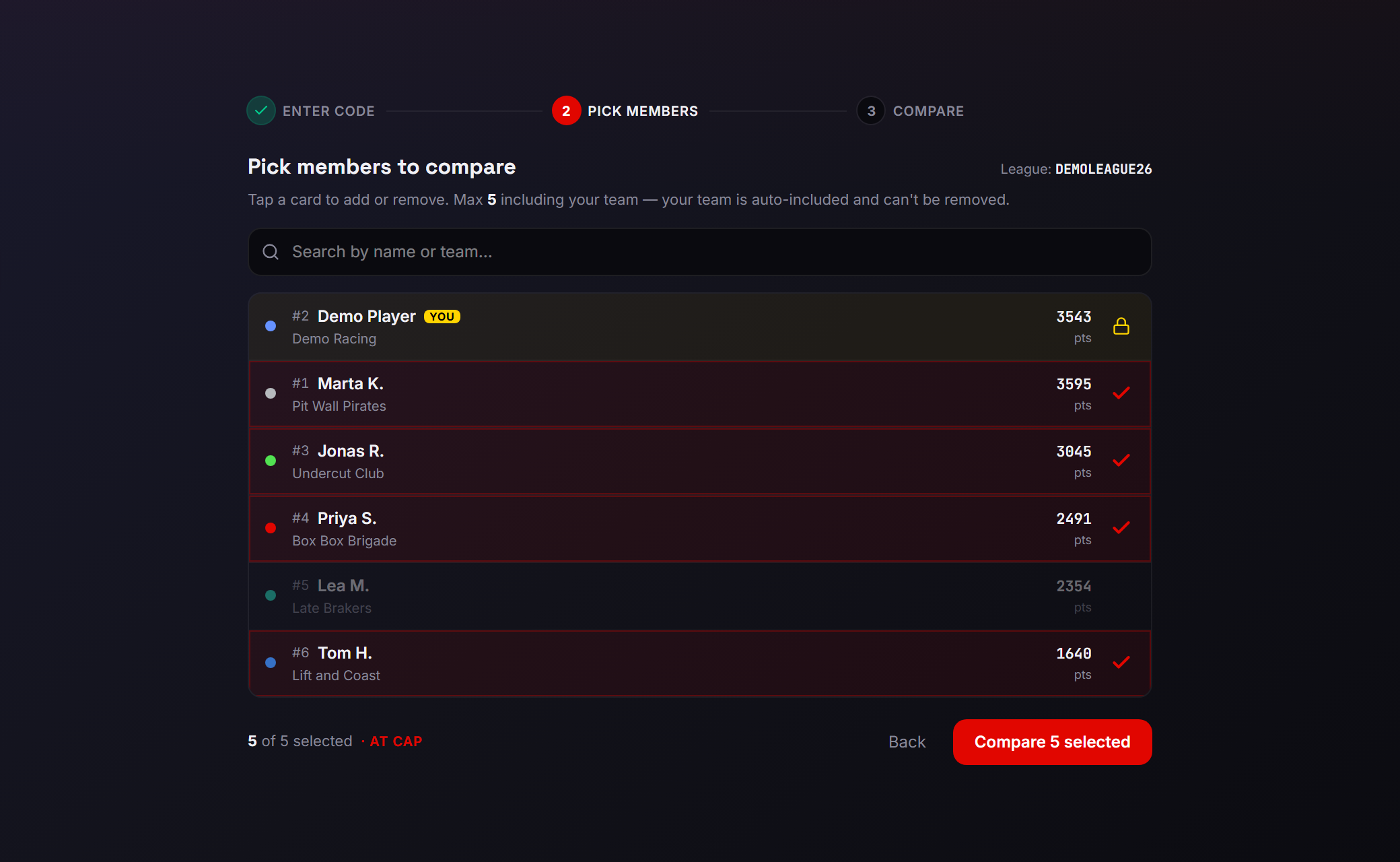 The Pick members to compare screen on Standard: six member rows with rank, name, team and points, your own row tagged YOU, four opponents ticked, one unselected, and a footer reading 5 of 5 selected with a Compare 5 selected button.