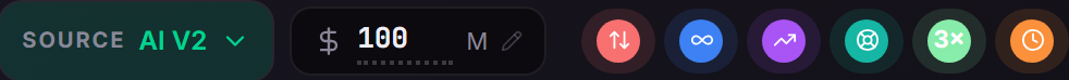 The Team Builder toolbar showing the Source button set to AI V2, an editable budget field, and a row of six coloured circular chip buttons.