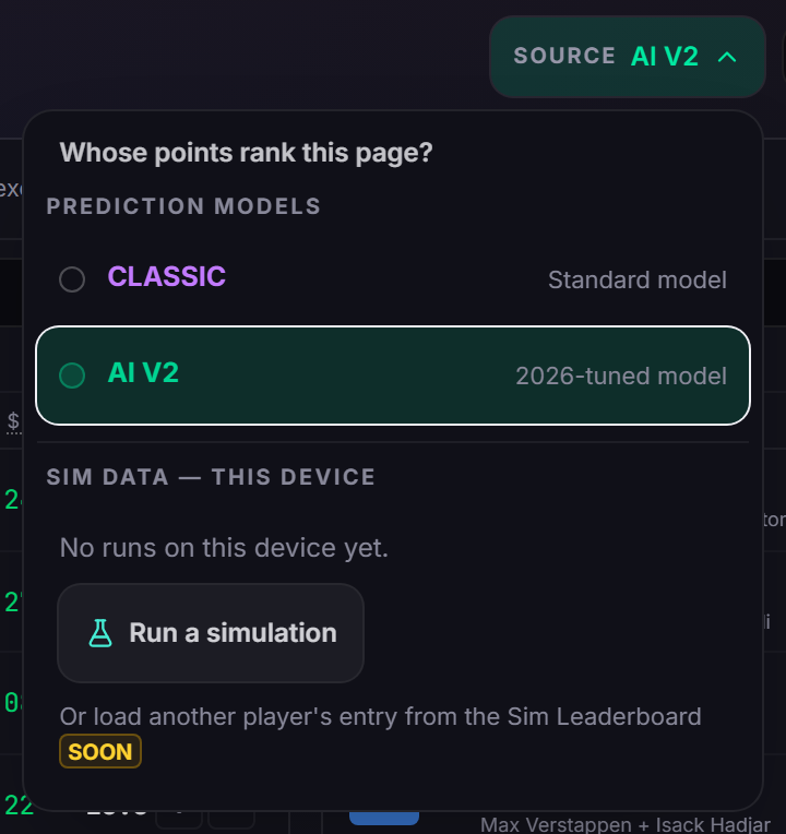 The prediction model picker open, headed Whose points rank this page, listing Classic and AI V2.